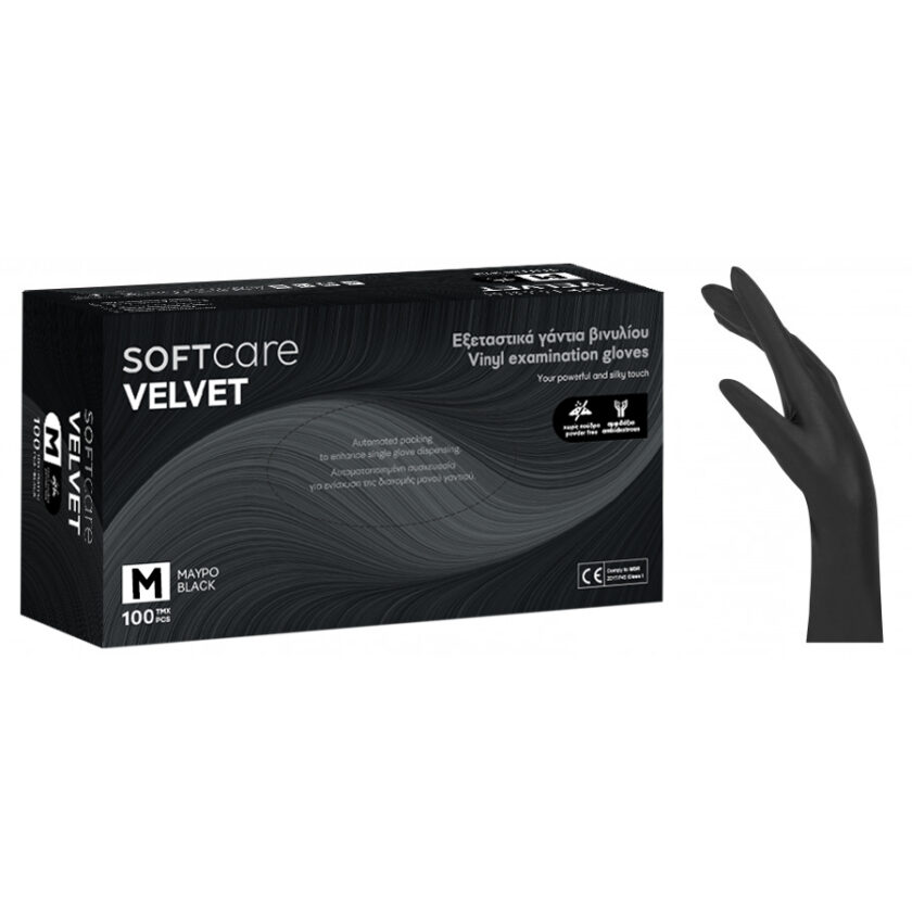 Γάντια Βινυλίου Soft Care VELVET Χωρίς Πούδρα Μαύρο Small 100τμχ