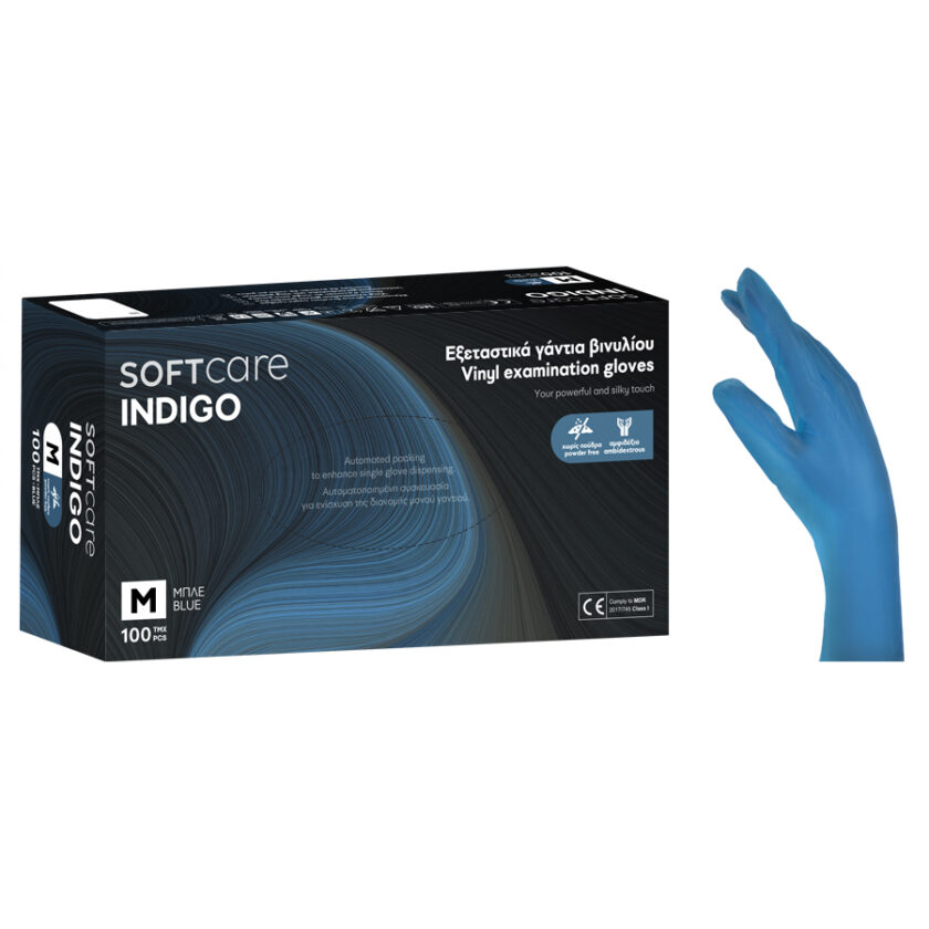 Γάντια Βινυλίου Soft Care INDIGO χωρίς πούδρα μπλε (100τμχ) Medium